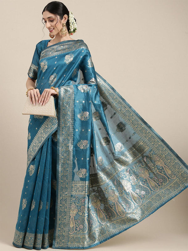 Women's Silk Blend Blue Woven Design Celebrity Saree With Blouse Piece - Odette