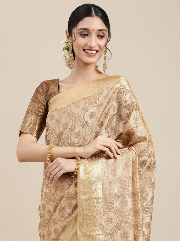 Women's Silk Blend Cream Woven Design Woven Saree With Blouse Piece - Odette