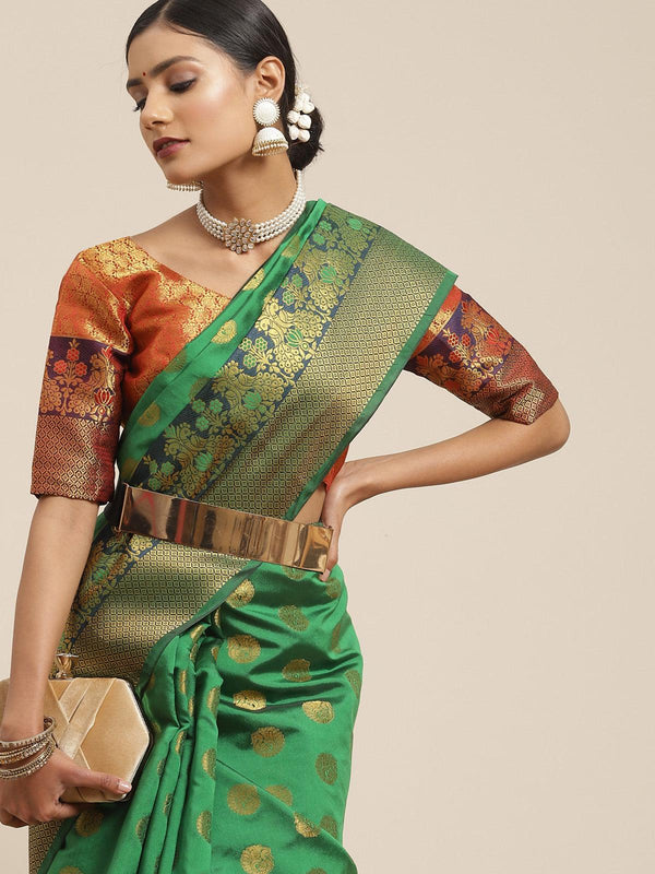 Women's Silk Blend Green Woven Design Woven Saree With Blouse Piece - Odette