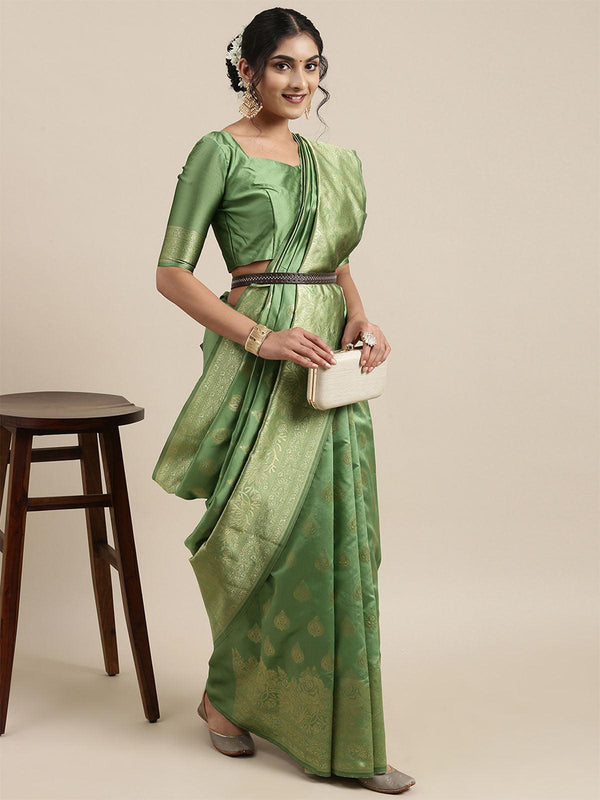 Women's Silk Blend Green Woven Design Woven Saree With Blouse Piece - Odette