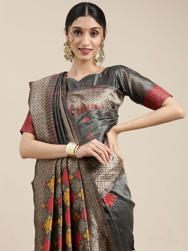 Women's Silk Blend Grey Woven Design Designer Saree With Blouse Piece - Odette