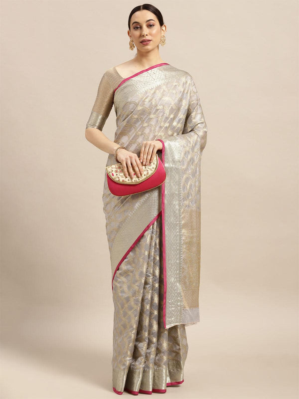 Women's Silk Blend Grey Woven Design Designer Saree With Blouse Piece - Odette