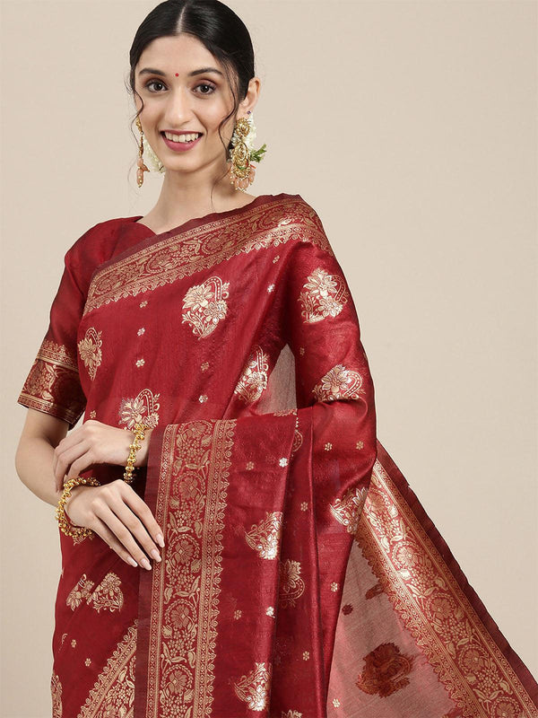 Women's Silk Blend Maroon Woven Design Celebrity Saree With Blouse Piece - Odette