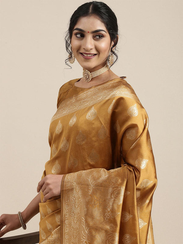 Women's Silk Blend Mustard Woven Design Woven Saree With Blouse Piece - Odette