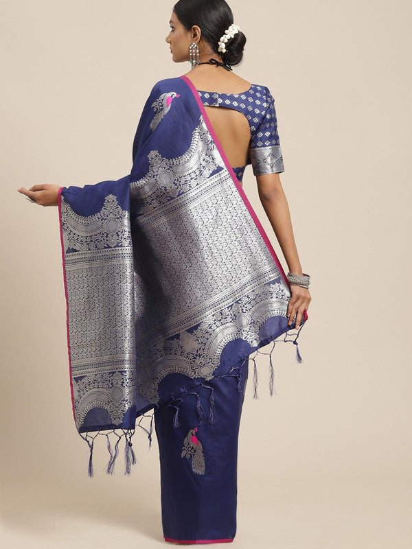 Women's Silk Blend Navy Blue Woven Design Woven Saree With Blouse Piece - Odette