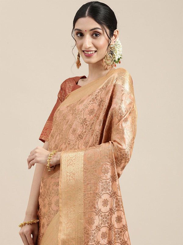 Women's Silk Blend Peach Woven Design Woven Saree With Blouse Piece - Odette