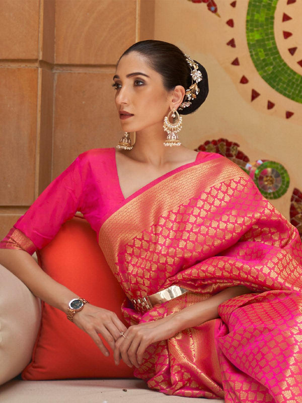 Women's Silk Blend Pink Woven Design Handloom Saree With Blouse Piece - Odette