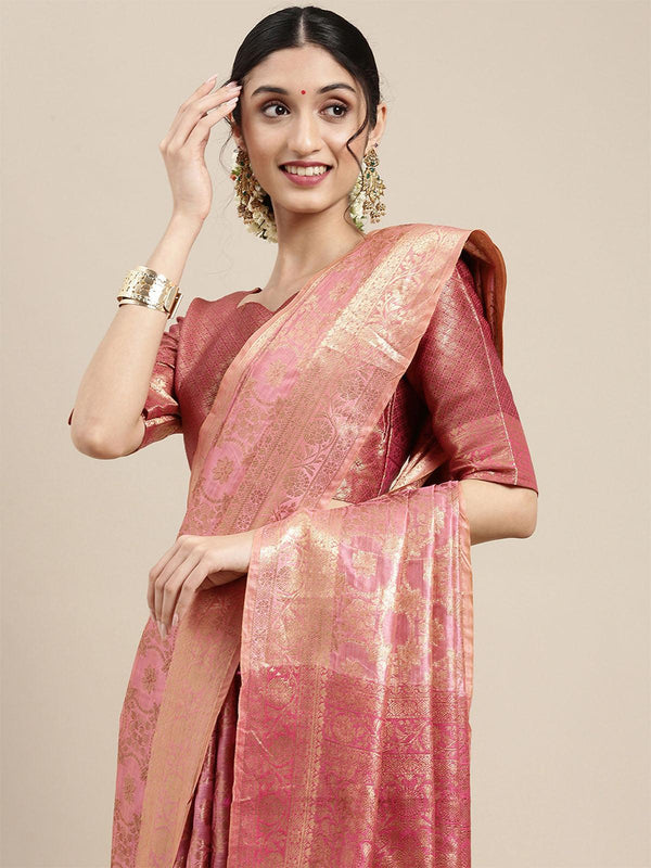 Women's Silk Blend Pink Woven Design Woven Saree With Blouse Piece - Odette