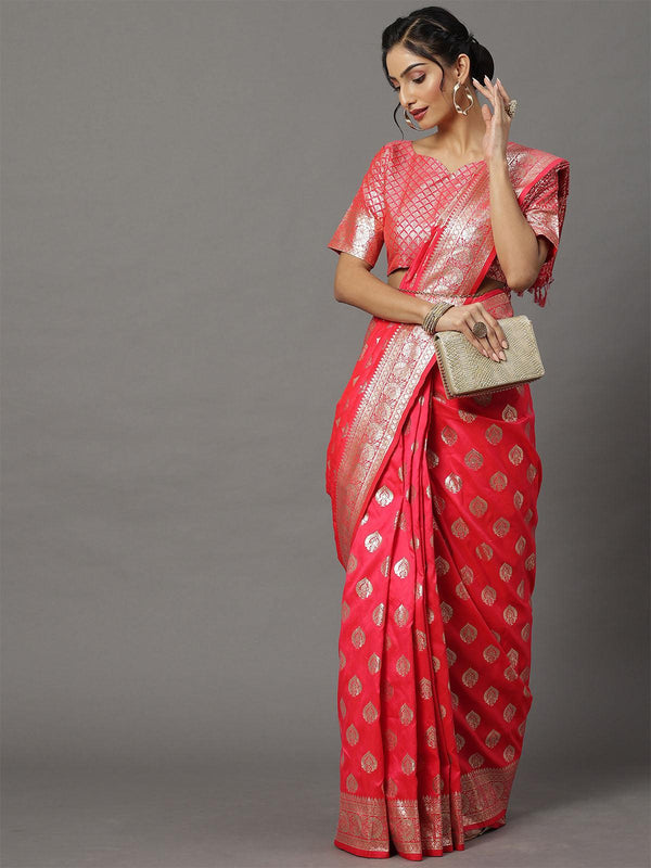 Women's Silk Blend Pink Woven Design Woven Saree With Blouse Piece - Odette