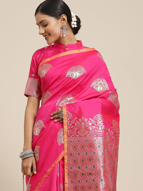 Women's Silk Blend Pink Woven Design Woven Saree With Blouse Piece - Odette