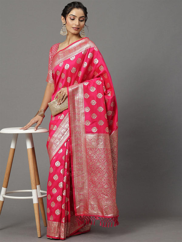 Women's Silk Blend Pink Woven Design Woven Saree With Blouse Piece - Odette