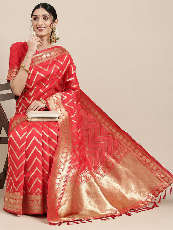 Women's Silk Blend Red Woven Design Celebrity Saree With Blouse Piece - Odette