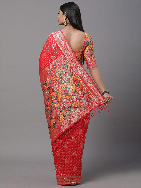 Women's Silk Blend Red Woven Design Woven Saree With Blouse Piece - Odette