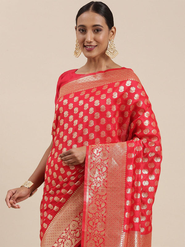 Women's Silk Blend Red Woven Design Woven Saree With Blouse Piece - Odette