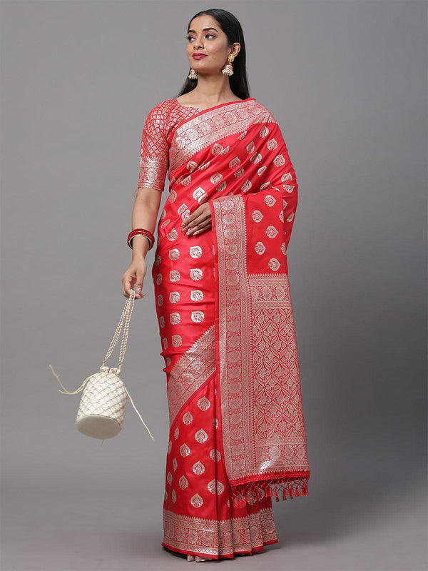 Women's Silk Blend Red Woven Design Woven Saree With Blouse Piece - Odette