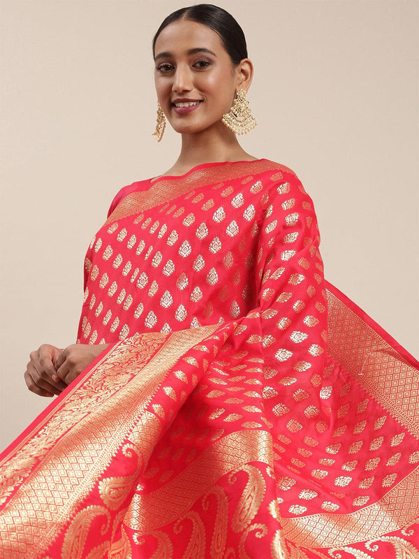 Women's Silk Blend Red Woven Design Woven Saree With Blouse Piece - Odette