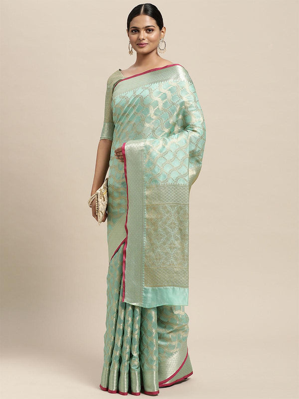 Women's Silk Blend Sea Green Woven Design Designer Saree With Blouse Piece - Odette