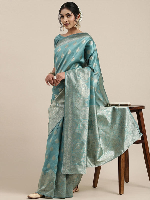 Women's Silk Blend Teal Blue Woven Design Woven Saree With Blouse Piece - Odette