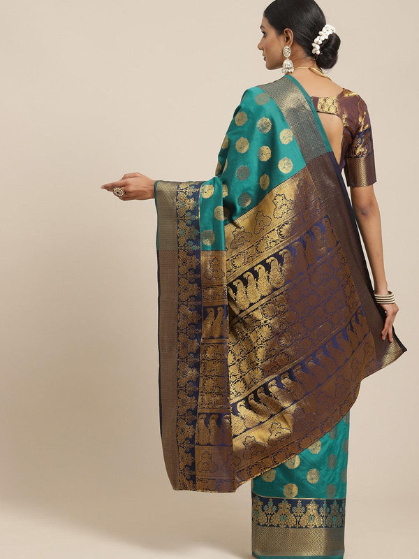 Women's Silk Blend Teal Blue Woven Design Woven Saree With Blouse Piece - Odette