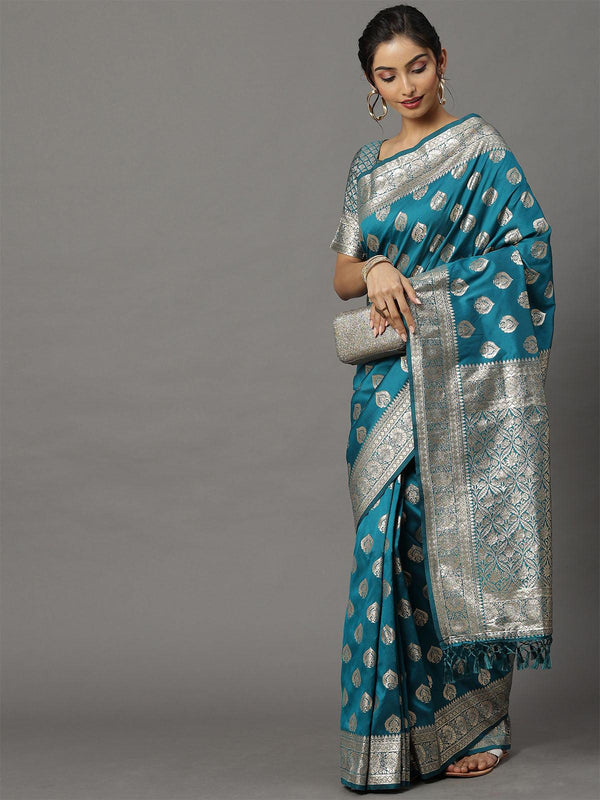 Women's Silk Blend Teal Blue Woven Design Woven Saree With Blouse Piece - Odette