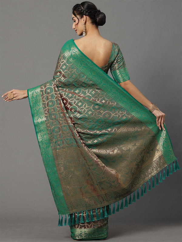 Women's Silk Blend Teal Green Woven Design Woven Saree With Blouse Piece - Odette