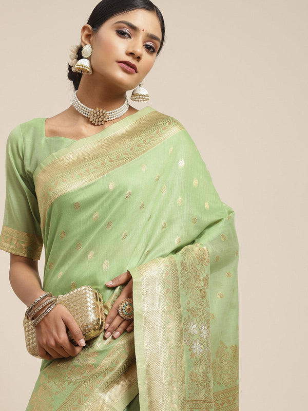 Women's Silk Cotton Green Woven Design Woven Saree With Blouse Piece - Odette