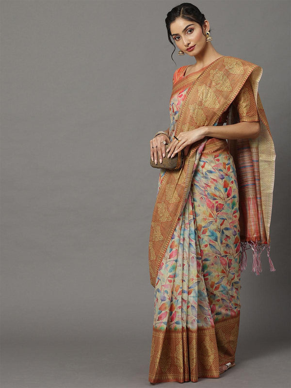 Women's Soft Silk Cream Printed Designer Saree With Blouse Piece - Odette