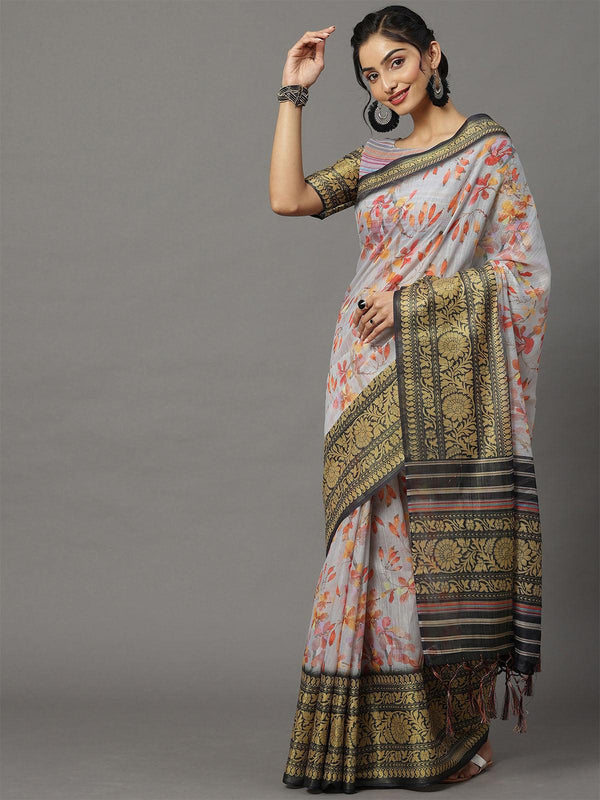 Women's Soft Silk Grey Printed Designer Saree With Blouse Piece - Odette