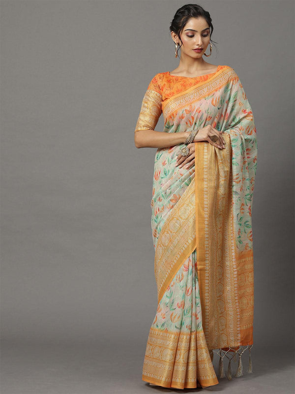 Women's Soft Silk Off White Printed Designer Saree With Blouse Piece - Odette