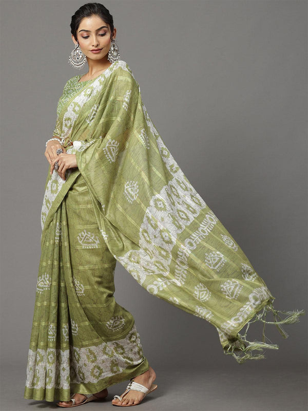 Women's Soft Silk Olive Printed Designer Saree With Blouse Piece - Odette