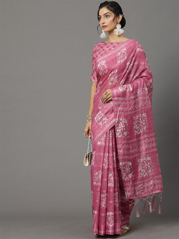 Women's Soft Silk Pink Printed Designer Saree With Blouse Piece - Odette