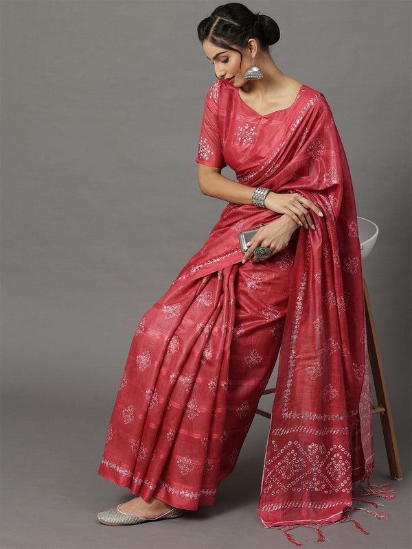 Women's Soft Silk Pink Printed Designer Saree With Blouse Piece - Odette