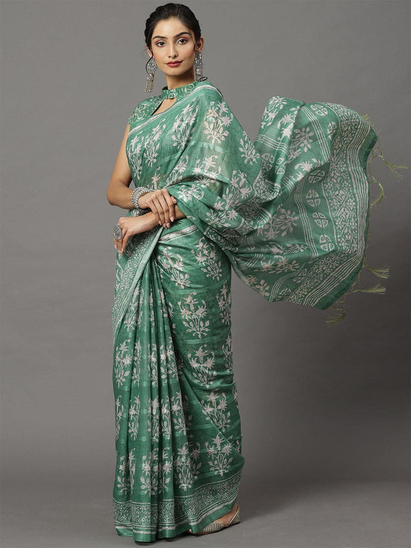 Women's Soft Silk Sea Green Printed Designer Saree With Blouse Piece - Odette