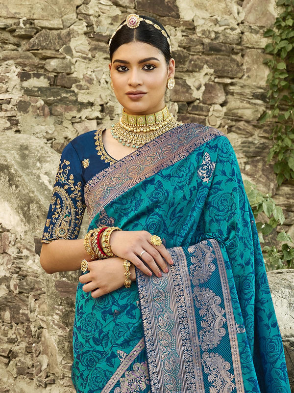 Women's Turquoise Blue Jacquard Woven Design Saree With Blouse Piece - Odette