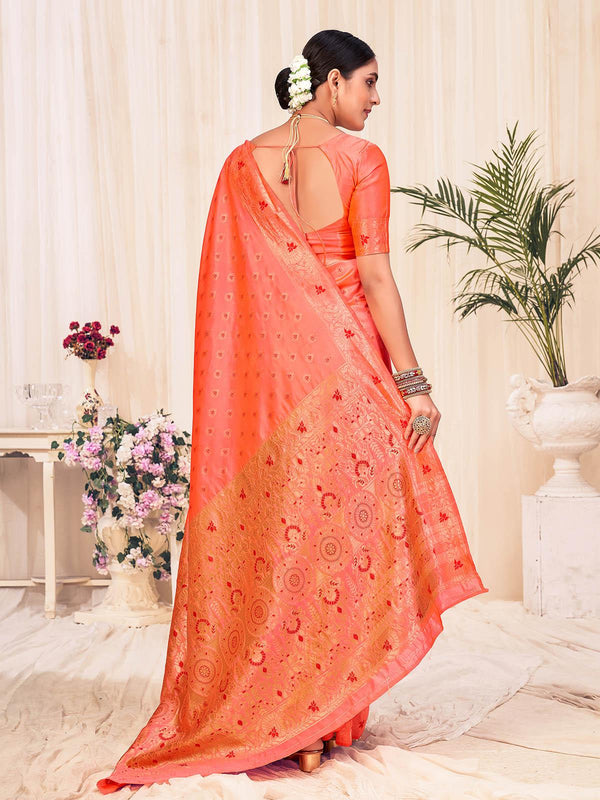 Women's Woven Peach Colored Banarasi Silk Saree - Odette