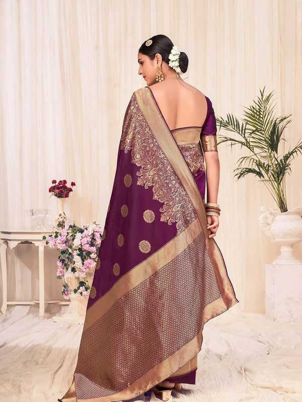 Women's Woven Wine Colored Banarasi Silk Saree - Odette