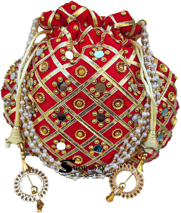 Women's Wristlets  Potli  Party Wear Designer Matka Potli Rajasthani Style Royal Mirror Work Potli Bags Silk Batwa Bag Zari Work Bridal Potli - Red - Ritzie