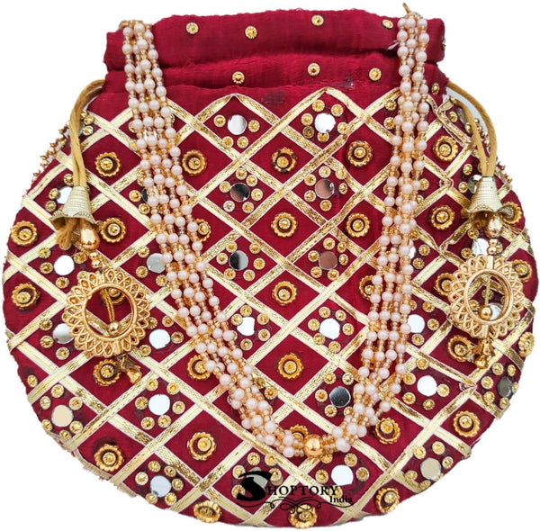 Women's Wristlets  Potli  Party Wear Designer Matka Potli Rajasthani Style Royal Mirror Work Potli Bags Silk Batwa Bag Zari Work Bridal Potli - Maroon - Ritzie