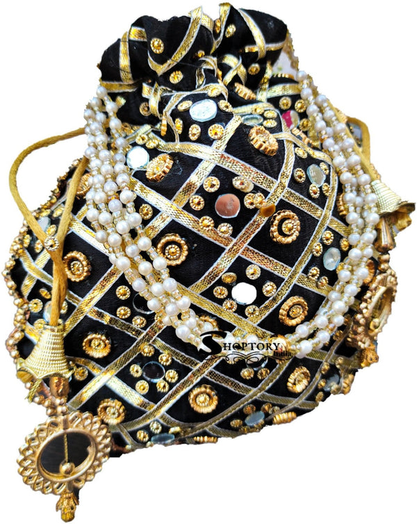 Women's Wristlets  Potli  Party Wear Designer Matka Potli Rajasthani Style Royal Mirror Work Potli Bags Silk Batwa Bag Zari Work Potli Bridal Potli - Ritzie