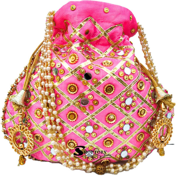 Women's Wristlets  Potli  Party Wear Designer Matka Potli Rajasthani Style Royal Mirror Work Potli Bags Silk Batwa Bag Zari Work Potli Bridal Potli Combo - Ritzie