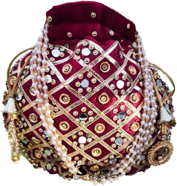 Women's Wristlets  Potli  Party Wear Designer Matka Potli Rajasthani Style Royal Mirror Work Potli Bags Silk Batwa Bag Zari Work Potli Bridal Potli - Ritzie