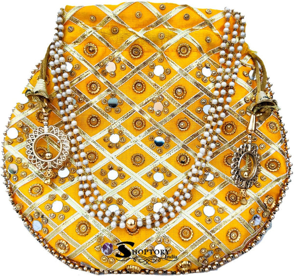 Women's Wristlets  Potli  Party Wear Designer Matka Potli Rajasthani Style Royal Mirror Work Potli Bags Silk Batwa Bag Zari Work Bridal Potli - Yellow - Ritzie