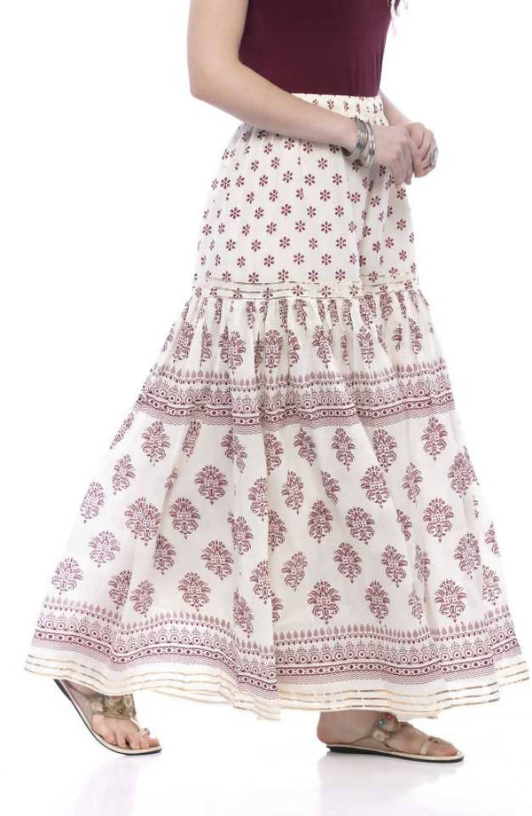 Women's Cotton Block Print With Lace Work Off White Palazzo Mfp012 - Moeza