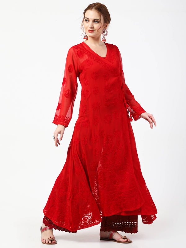 Women's Red Chiffon Chikankari Anarkali Long Kurta Dress - Cheera