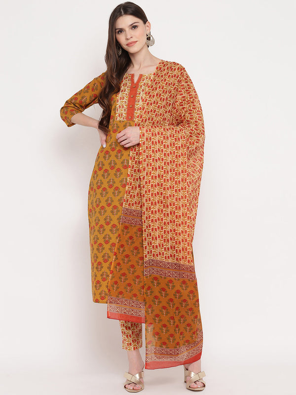 Women's Yellow Floral Printed Kurta With Pants & Dupatta By Vbuyz (3 Pc Set)