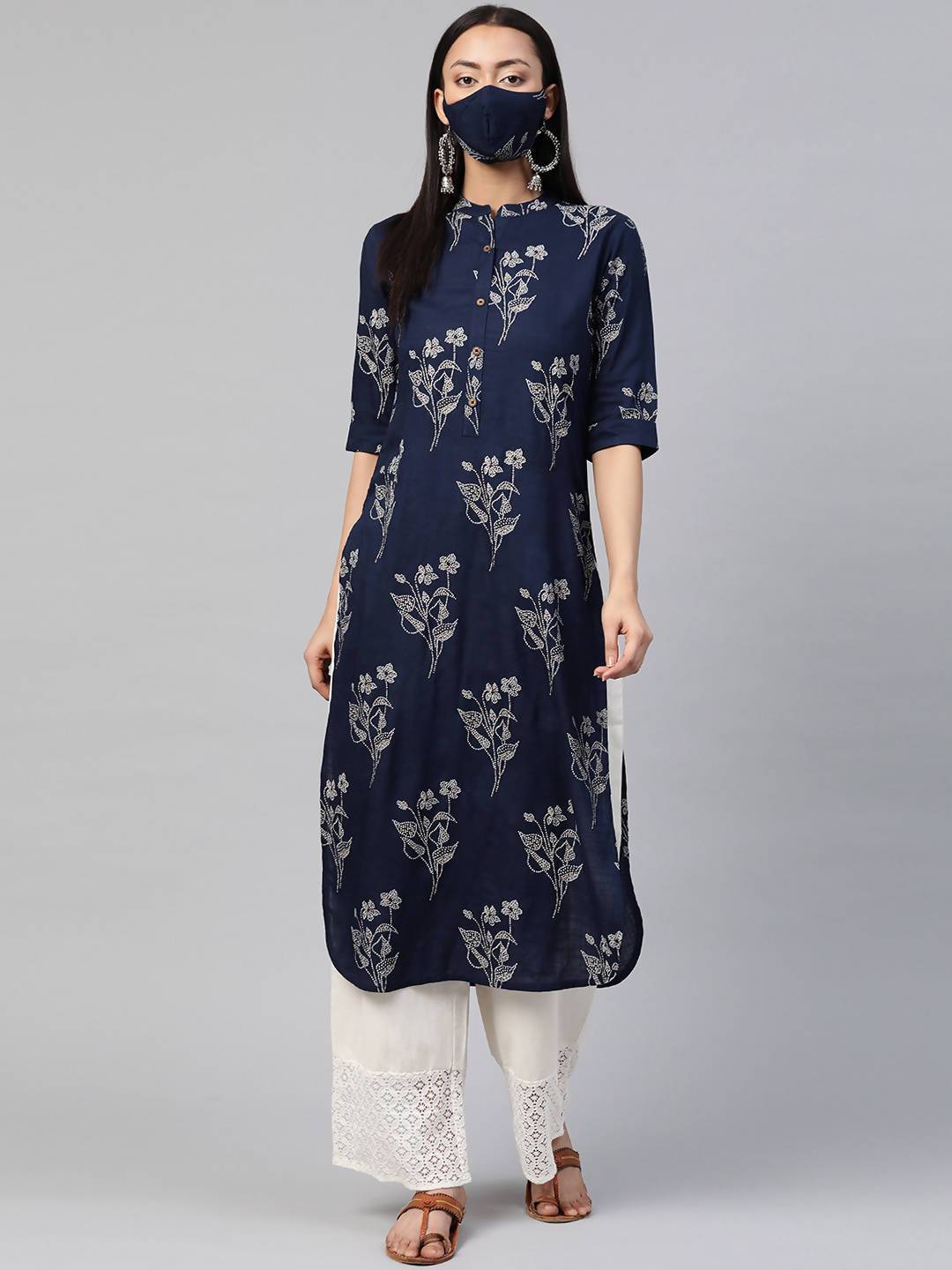 Women's Rayon Slub Bandhani Straight Kurta With Mask - Juniper