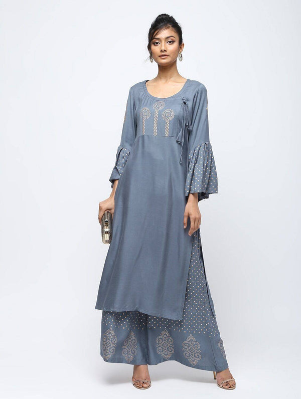 Women's Grey Flair Kurta With Bell Sleeve Design And Straight Polka Dot Print Palazzo - Cheera