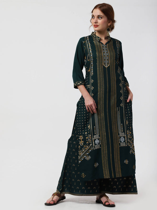 Women's Green Viscose Rayon Kurta Palazzo Set - Cheera