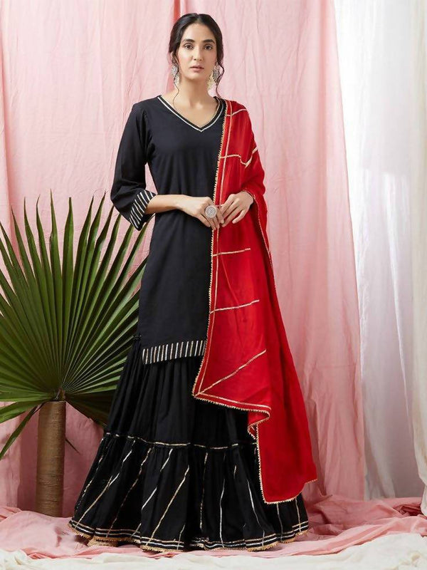 Women's Black & Red 100% Cotton Kurta Skirt Dupatta Set - Cheera