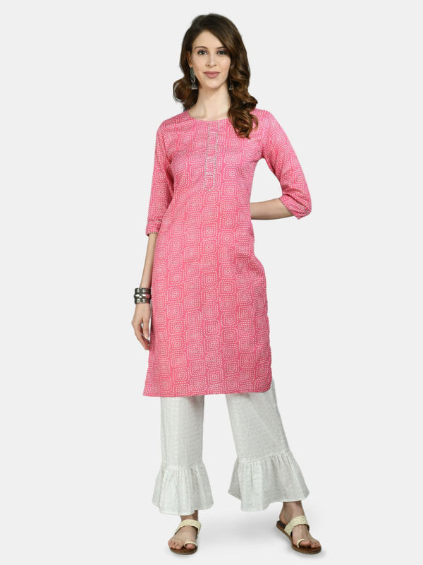 Women's Pink Cotton Printed 3/4 Sleeve Round Neck Casual Kurta Palazzo Set - Myshka